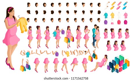 Isometrics create your pregnant girl or mother. of hairstyles and emotions of a girl. Set of hands and feet in motion. Set of babies and clothes, create your own character.