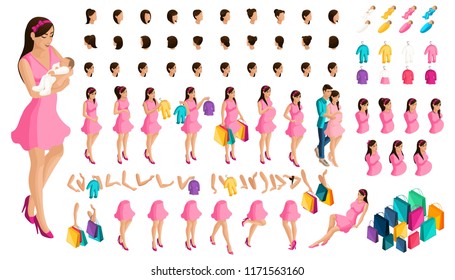 Isometrics create your pregnant girl or mother. of hairstyles and emotions of a girl. Set of hands and feet in motion. Set of babies and clothes, create your own character.