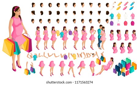 Isometrics create your pregnant girl or mother. of hairstyles and emotions of a girl. Set of hands and feet in motion. Set of babies and clothes, create your
