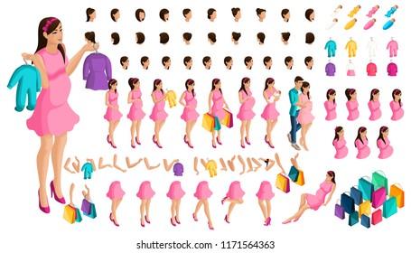Isometrics create your pregnant girl or mother. hairstyles and emotions of a girl. Set of hands and feet in motion. Set of babies and clothes, create your own character.