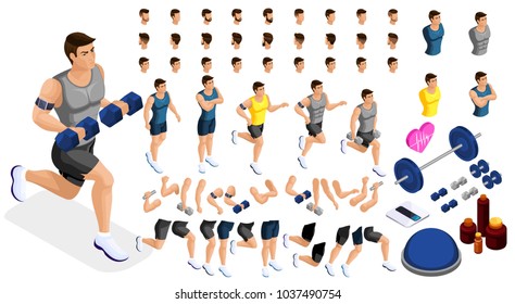 Isometrics create your sporty inflated man, a set of hairstyles, emotions, hands, feet. Without, gym, jumping. Sports equipment for creative set 3