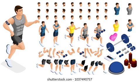 Isometrics create your sporty inflated man, a set of hairstyles, emotions, hands, feet. Without, gym, jumping. Sports equipment for creative set 2