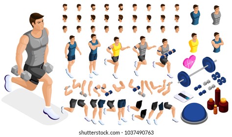 Isometrics create your sporty inflated man, a set of hairstyles, emotions, hands, feet. Without, gym, jumping. Sports equipment for creative set 4