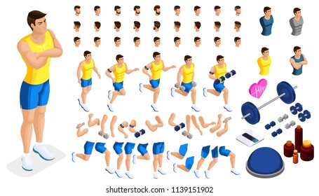 Isometrics create your sporty inflated man, a set of hairstyles, emotions, hands, feet. Sports equipment for creative set 1.