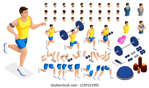 Isometrics create your sporty inflated man, a set of hairstyles, emotions, hands, feet. Without, gym, jumping. Sports equipment for creative set 1.