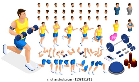 Isometrics create your sporty inflated man, a set of hairstyles, emotions, hands, feet. Without, gym, jumping. Sports equipment for creative set 3.