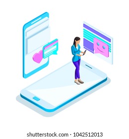 Isometrics girl communicates on the Internet, internet acquaintance, love messages, husband search, virtual communication. Bright holographic design.