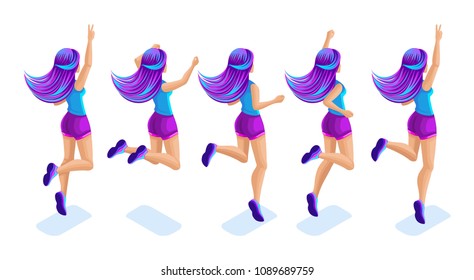 Isometrics girl jumping, having fun, happy with bright hair, stylish concept of magical hair, creative fashion hairstyle, rear view.