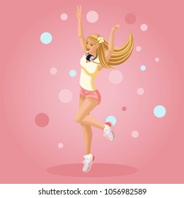 Isometrics girl rejoices, jumps, teenager, generation Z, bright background summer clothes. Isometric vector illustration