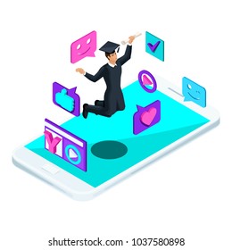 Isometrics graduate guy, jumping rejoices, academic clothing, diploma, mantle, shoots video blog, smileys, husky, smartphone, video broadcast