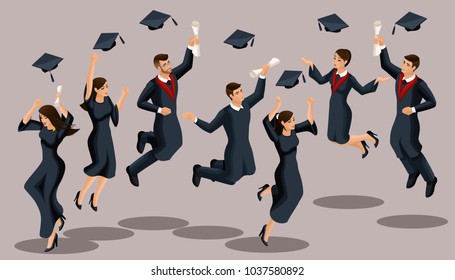 Isometrics graduates girls and boys, jump, academic robes, hats, throw up, diplomas. Set of funny characters