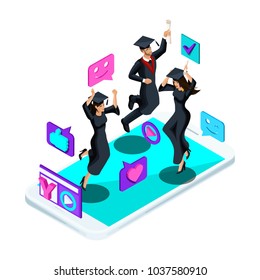 Isometrics graduates girls and boys, jumping rejoice, academic attire, diploma, mantle, shoots video blog, smileys, likes, smartphone, video broadcast
