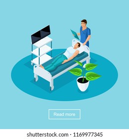 Isometrics health care and innovative technologies, hospital, patient prepare for surgery, medical personnel, vector concept.