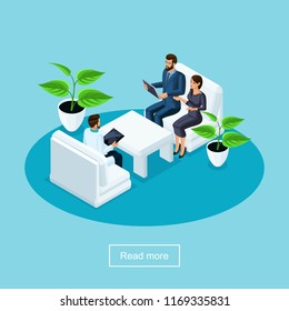 Isometrics health care and innovative technology, a hospital, a patient with his wife communicating with a surgeon and discussing the operation.