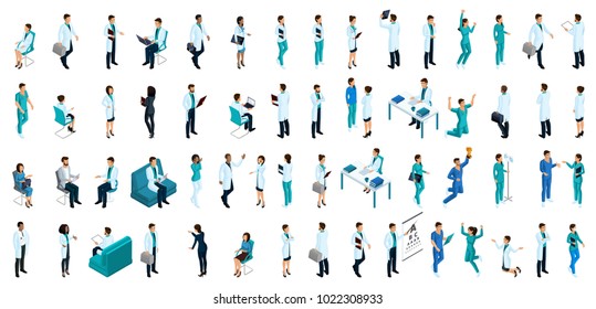 Isometrics large set characters  people in medical clothes  doctor  surgeon  nurse  medical assistant  patients  paramedic