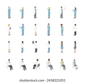 Isometrics large set of characters, people in medical clothes, a doctor, a surgeon, a nurse, a medical assistant, patients, paramedic