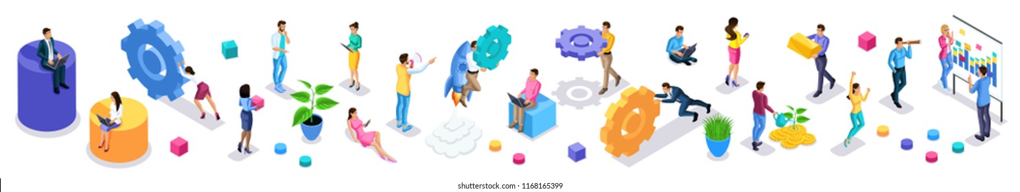 Isometrics large set of vibrant business people with icons, young entrepreneurs, quality vector people on isolated background. Vector illustration