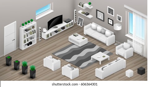 Isometrics of the living room furniture. Project in vector graphics