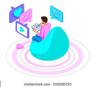 Isometrics a man communicates in a chat, in a modern social network, maintains correspondence, watches video through a laptop. Vector illustration