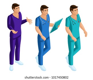 Isometrics of medical workers, 3d paramedic in medical clothes during work, set for illustrations