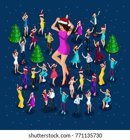 Isometrics people celebrate Christmas, party, dancing around the Christmas tree, a big beautiful girl energetically dances, around a lot of dancing people, drinks, a nightclub.