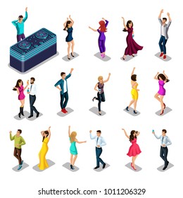 Isometrics people dance, happiness is fun, a set of men and women for a party, a DJ with a remote control. Excellent set for high-quality illustration.