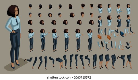 Isometrics people emotions face, create your character. 3d business of an African American woman with a set of emotions and gestures of hands. Creative large set for vector illustrations.