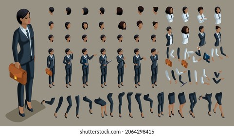 Isometrics people emotions face, create your character. 3d business of an African American woman with a set of emotions and gestures of hands. Large set for vector illustrations.