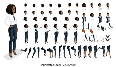 Isometrics people emotions face, create your character. 3d business of an African American woman with a set of emotions and gestures of hands. Creative large set for vector illustrations