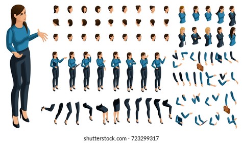 Isometrics people emotions face, create your character. 3D business lady with a set of emotions and gestures of hands. Creative large set for vector illustrations.