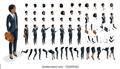 Isometrics people emotions face, create your character. 3d business of an African American woman with a set of emotions and gestures of hands. Large set for vector illustrations