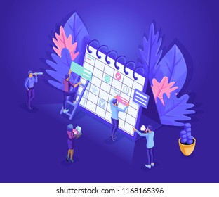 Isometrics people work together web industry. Little people characters make an online schedule. Design business graphics tasks scheduling on a week