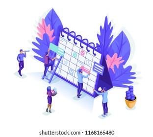 Isometrics people work together web industry. Little people make an online schedule. Design business graphics tasks scheduling on a week, isolated background