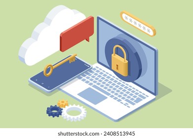 Isometrics protect data and confidentiality. Safety and confidential data protection, concept with character saving code and check access. Cybersecurity concept, user privacy security and encryption