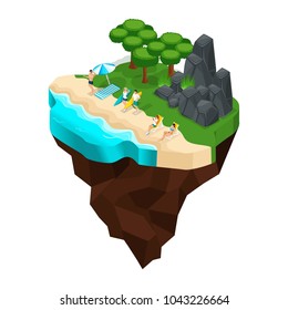 Isometrics rest on the beach, shore of the river, lakes, seas, girls sunbathe, surf, forest, mountains, stones. Big beautiful fairy island