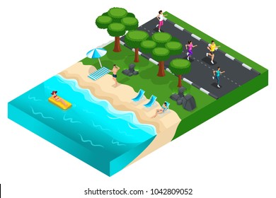 Isometrics rest on the nature, grass, landscape, people rest by the sea, on the road athletes train. Bright summer concept.