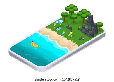 Isometrics rest on nature, rock, mountains, stones, grass, landscape, girls sunbathe. The concept of camping and surfing.