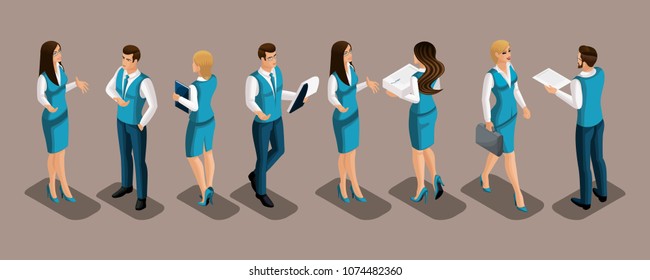 Isometrics set of bank employees in uniform, men and women, front view, rear view.
