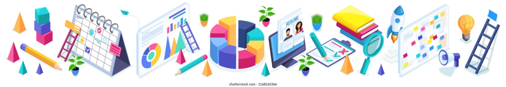 Isometrics set of business icons, diagram, graphs, data, indicators, summary, ladder, computer, calendar on isolated background. Vector illustration