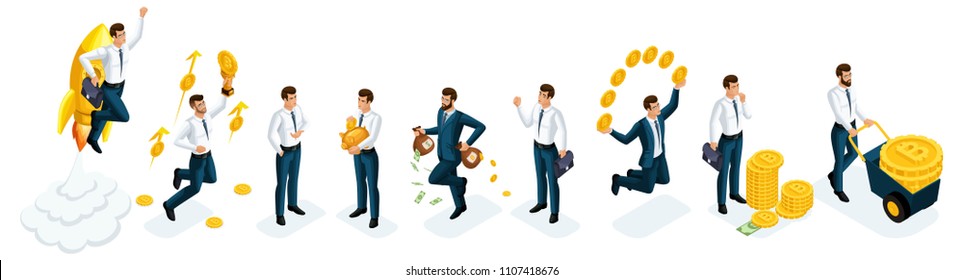 Isometrics set of businessmen, investors, speculators, financial market players, bankers, financial infrastructures in Ethereum Crypto Currency, ICO, Bitcoin