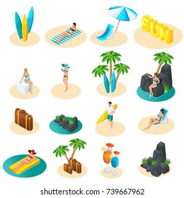 Isometrics Set Of Icons For The Beach, Girls In Bikini, Guy With Surfboard, Palm Trees, Sun, Sea Excellent Set For Vector Illustrations