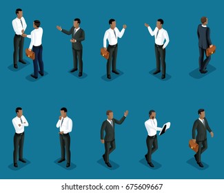 Isometrics Set Of Male African American Office Workers, In Business Clothes, Management, Training, Coaching.3D People For Vector Illustrations.