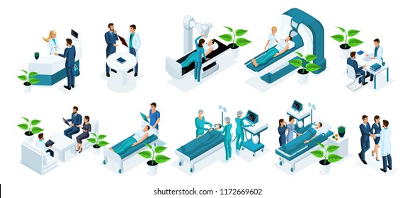 Isometrics set of observation concepts in the hospital, examination of the patient, diagnosis of diseases, surgery, in-patient observation, resuscitation, patient recovery.
