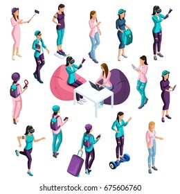 Isometrics set of vector characters in different poses, 3d teenagers, modern girls, do different actions. Set of people for Vector illustrations.