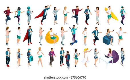 Isometrics set of vector characters in different poses, 3d teenagers, men and girls, doing different actions. Set of people for Vector illustrations.