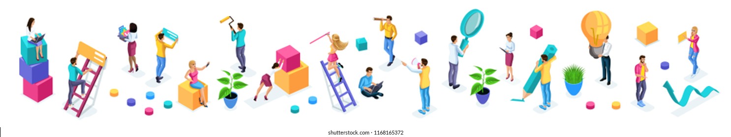 Isometrics set of vibrant business people with icons, young entrepreneurs, quality vector people on isolated background. Vector illustration