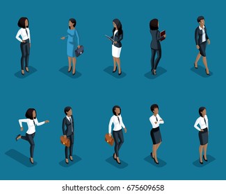 Isometrics Set Of Women Of African American Office Workers, In Business Clothes, Management, Training, Coaching.3D People For Vector Illustrations.