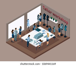 Isometrics sewing workshop, vintage background, tailors are working and creating new clothes. Businessman, businesswoman, own business
