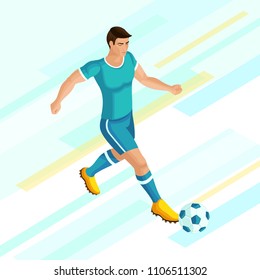 Isometrics Soccer player on a bright background of. Playing football, the player is running, attacking. Colorful concept of the