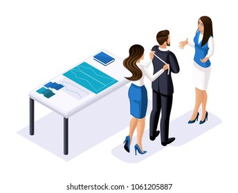 Isometrics tailor, the designer works with the client, business lady talks to the businessman, studio, workshop. The entrepreneur working for himself,